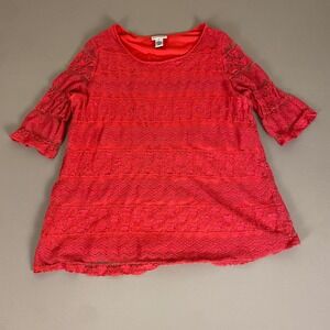 Catherines Lace Top Blouse Plus Size 1X Red Short‎ Bell Sleeves Lightweight